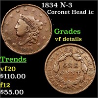 1834 N-3 Coronet Head 1c Grades vf details