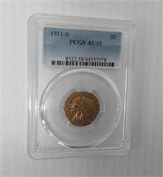 1911-S AU-58 $5 Indian head gold coin