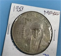 Mexican silver coin:  5 peso 1953