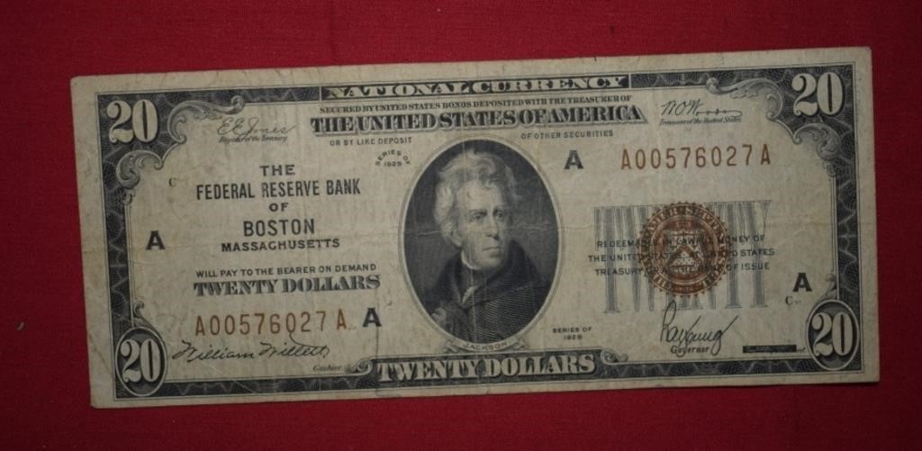 1929 $20 National Currency  Brown Seal/Boston