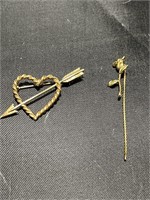 2 VINTAGE 14KT GOLD PINS - HEART AND FLOWER