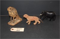 Carved Wood Elephant & 1930's Tiger Toy