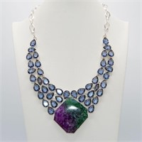 Huge Rainbow 312 Ct Agate Druzy Tanzanite Necklace