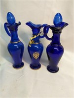 3 Cobalt Blue Decanters 9" tall, missing 1 stopper