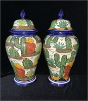 Pair of 19" Talavera Pottery Urns with Lids