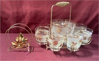 Mid Century Modern Gold Trim Ice Bucket, 5 Glasses
