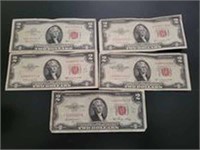 (5) Red Seal $2 Bills