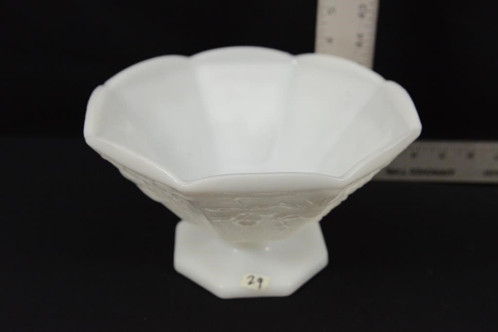 HARVEST PATTERN PANELED MILK GLASS FRUIT BOWL