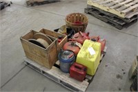 ASSORTED GAS CANS AND WOOD CRATES