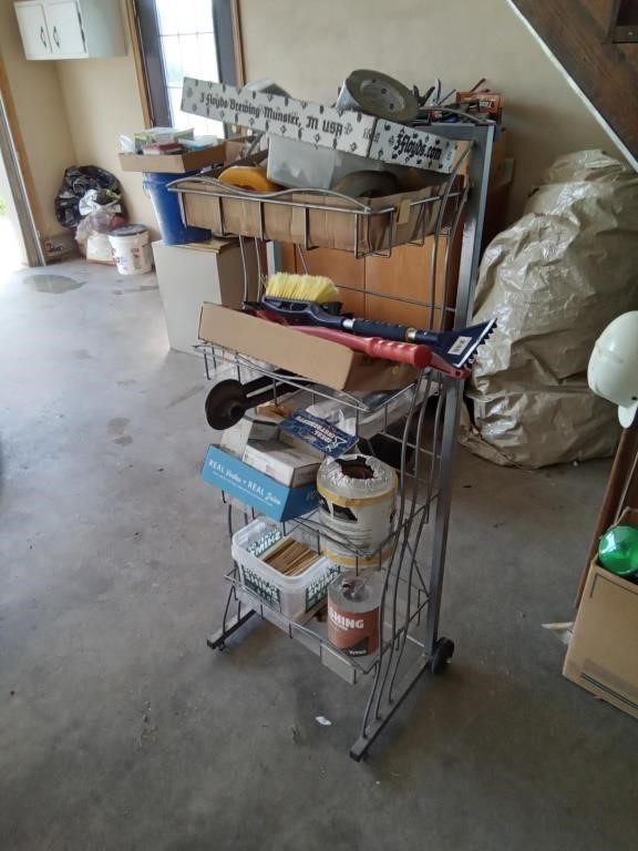 metal rolling rack & misc garage items