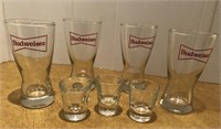 Budweiser 4 Pilsner Glasses, 3 Shot Glasses