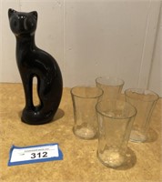 Cat Pottery, 4 Etched Juice Glasses 3"