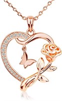 Pretty .06ct Topaz Rose & Butterfly Heart Necklace