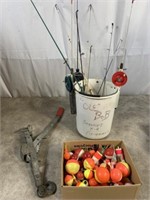 Ice fishing jigs, bobbers, and come along