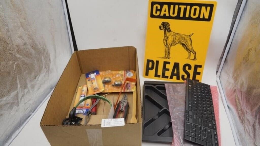Caution sign, keyboards, wire stripper
