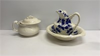 Vintage chamber pot with lid, pitcher and basin