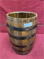 Oak barrel with metal handles, 17” x 11”