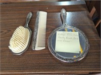 Antique silver plate, vanity brush, comb & mirror