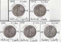 5 Silver Walking Liberty Half Dollars In Flips