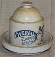 "Overall" blue stenciled stoneware poultry waterer