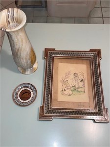 Greece dish, framed art, & marble vase. Kitchen