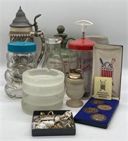 (A) Steins, jars, commemorative medallions,