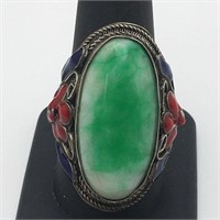 Chinese Marked Enameled & Jade Ring