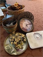 Clock, Baskets, Scales, Metal Tray