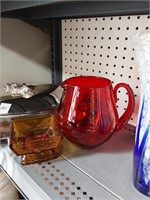 Ruby Glass Pitcher w/Applied Handle & Amber Dish