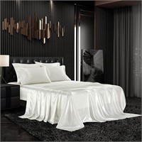 6 Piece Satin Bed Sheet Set-White, King