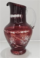 (O) Ruby Red Cut Glass Pitcher
 Made In Romania