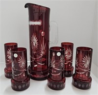 (O) Ruby Red Decanter Set With 5 Glasses Made In