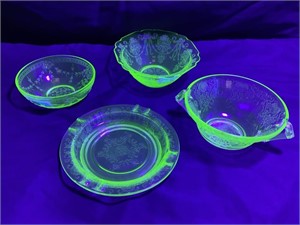 VTG Green Uranium Depression Glass Bowls & Ashtray