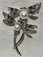 Silver Tone Enamel, Faux Pearls Dragonflies Brooch