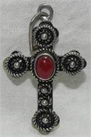 .925 Sterling Silver Red Stone Cross Pendant
