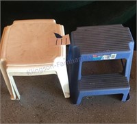 Two patio side tables and a two step stool