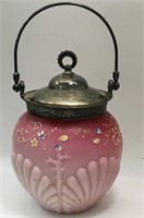 Enamel Decorated Pink Satin Glass Biscuit Jar