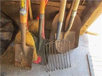 8 pieces yard tools, brooms, axe