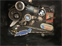TOTE WITH PARTS, BADGES AND ADVERTISING