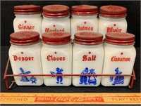 FANTASTIC VINTAGE MILK GLASS SPICE CANISTERS/STAND