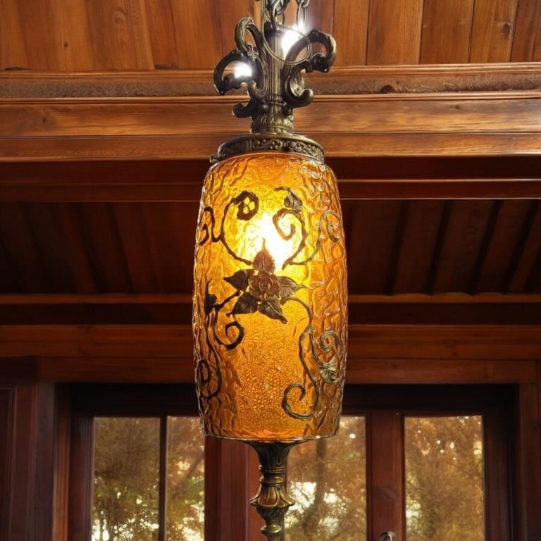 MCM SWAG LAMP AMBER GLASS BRASS ACCENTS GOLD TONE