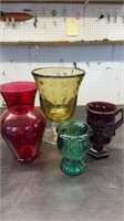 Amber bubble glass vase, avon cape cod mug, red