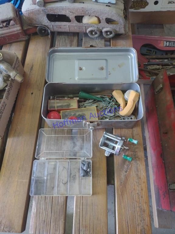 Tackle box with Plunger reel, hooks, musc