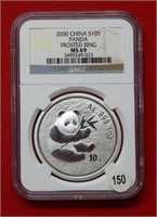 2000 Chinese Panda 10 Yuan NGC MS69 1 Oz Silver
