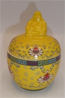 YELLOW GROUND BUDDHA COVERED JAR