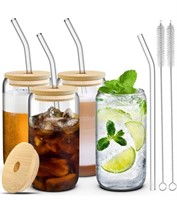 New 4 Glass Cups with Lids, Straws, and Brushes -