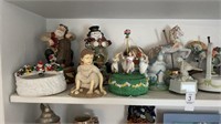 Shelf lot of assorted porcelains and music boxes