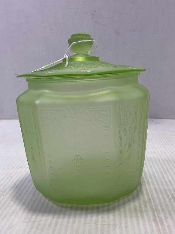 GREEN DEPRESSION GLASS HAND PAINTED BUSCUIT JAR