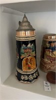 Vintage Beer lidded stein, vintage glass cup, and