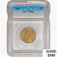 1891 Liberty Victory Nickel ICG MS64